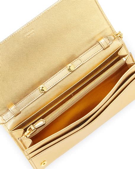 Prada Saffiano Metallic Wallet on Chain, Gold (Platino) 